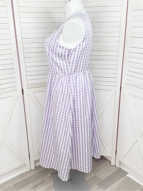 DKNY Gingham Check Square Neck Midi Dress Purple White 12 Cottagecore Sleeveless - Image 2