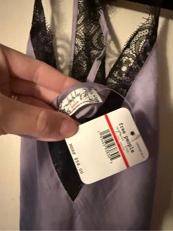 Free People NWT Tank XS Lilac Purple Satin Cami with Black Lace Trim - Image 3