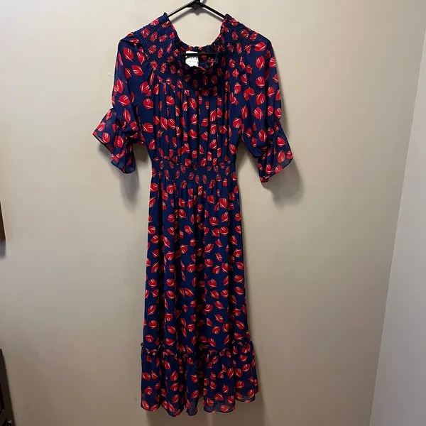 MISA Off Shoulder Midi Dress Blue Red Floral Boho Romantic Cottagecore Flowy‎ MD - Image 3
