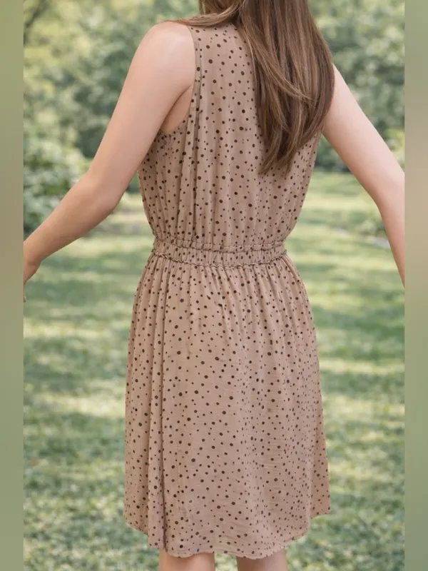 LOFT Petite XS Neutral Polka Dot Dress Tan Black Elastic Waist Lined Summer Mini - Image 8