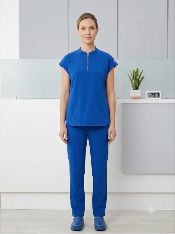 Healing Hands 360 Sandy Scrub Top Royal Blue Zip Stand Collar Stretch Womens M - Image 3