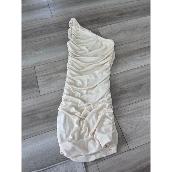 Pretty Garden One Shoulder Ruched Bodycon Mini Dress Cream Champagne Metallic XS - Image 3