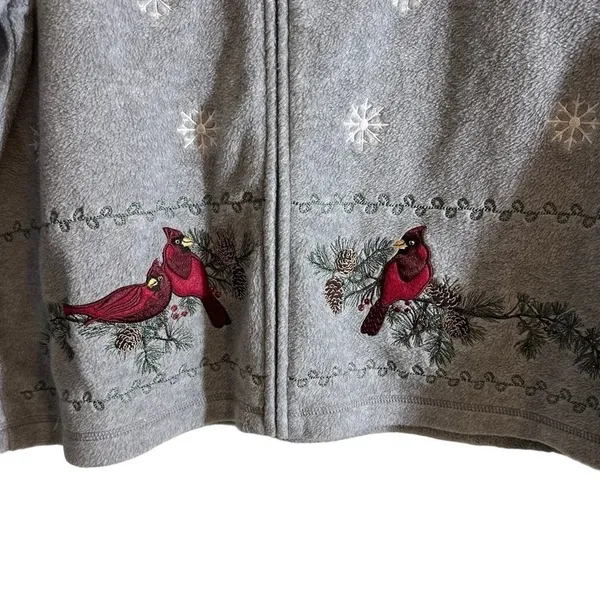 Croft‎ & Barrow Fleece Zip Up Jacket Gray PXL Women Cardinal Snowflake Winter - Image 3