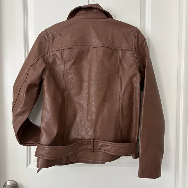 Old Navy Brown Leather Jacket Asymmetrical Zipper Moto Style - Image 5