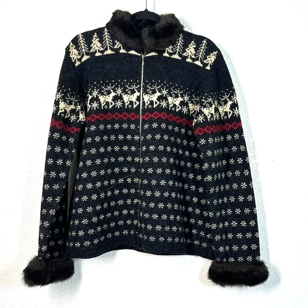 Skyr Wool Nordic Fair Isle Ski Cardigan Sweater Fur Trim M Apres Ski Cabincore - Image 2