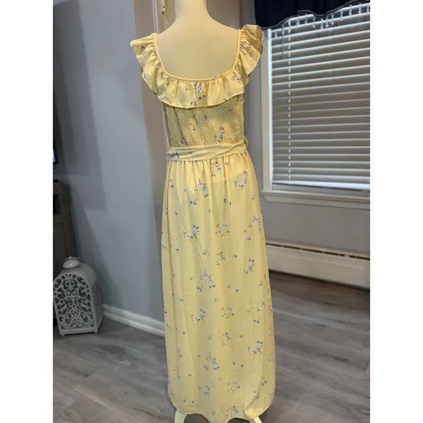 IRIS Yellow Floral Ruffle Maxi Dress Cottagecore Boho Button Front Tie Waist L - Image 5