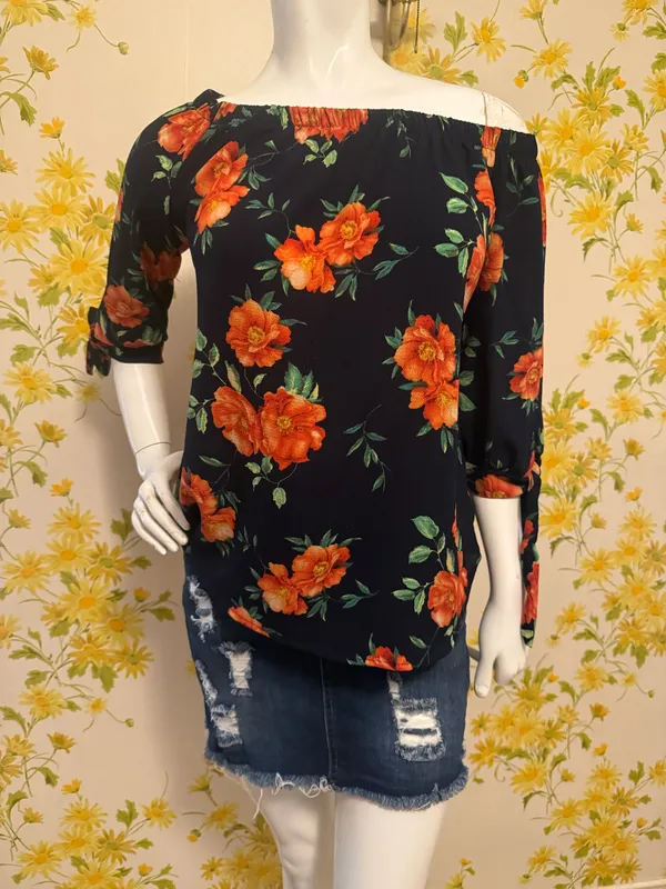 Off-Shoulder Navy Floral Women's Top with Orange Blooms size M - Image 4