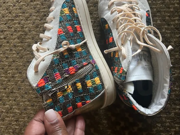 P448 Women’s White High-Top Leather Sneakers with Multicolor Woven Panels - Image 5