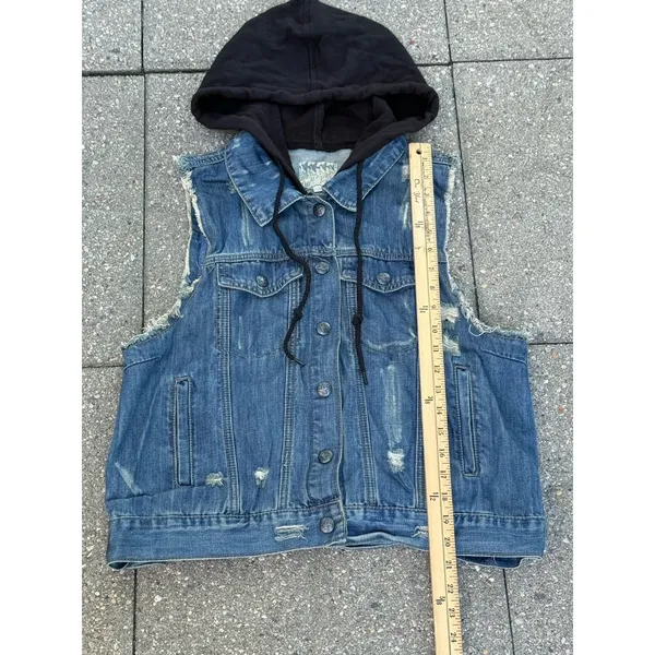 Others Follow Women Hooded Denim Vest Distressed Blue Jean Jacket Sleeveless XL - Image 12