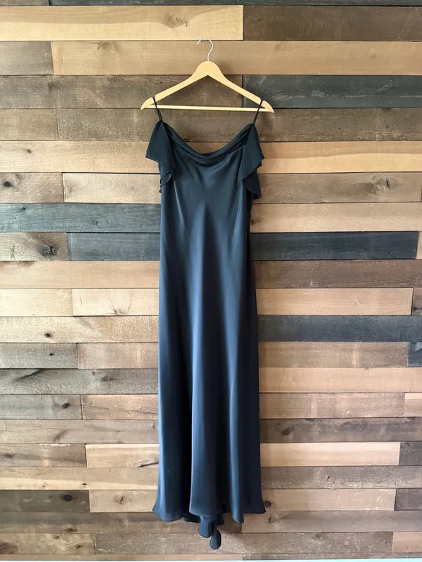 Vintage Y2K Cachet Black Satin Cowl Neck Ruffle Maxi Dress Size 8 - Image 7