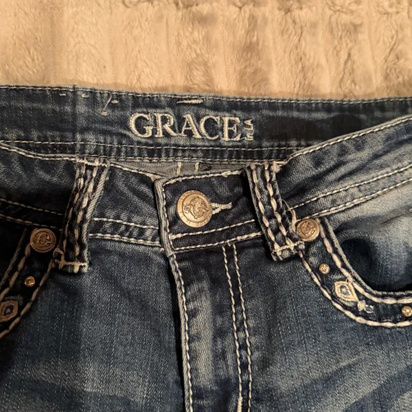 Grace in‎ LA Women Bootcut Jeans Blue Embroidered Rhinestone Wing Pocket Size 26 - Image 4
