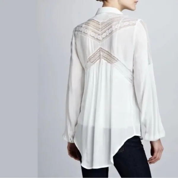 Free People White Lace Panel Rayon Gauze Button Down Blouse Small Boho Top - Image 2
