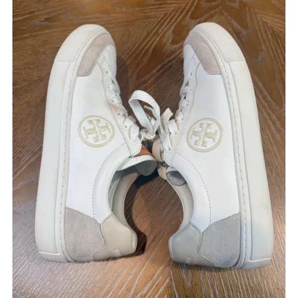 Tory Burch Color Block Sneakers‎ Leather Suede White Tan Neutral Size 9 - Image 10