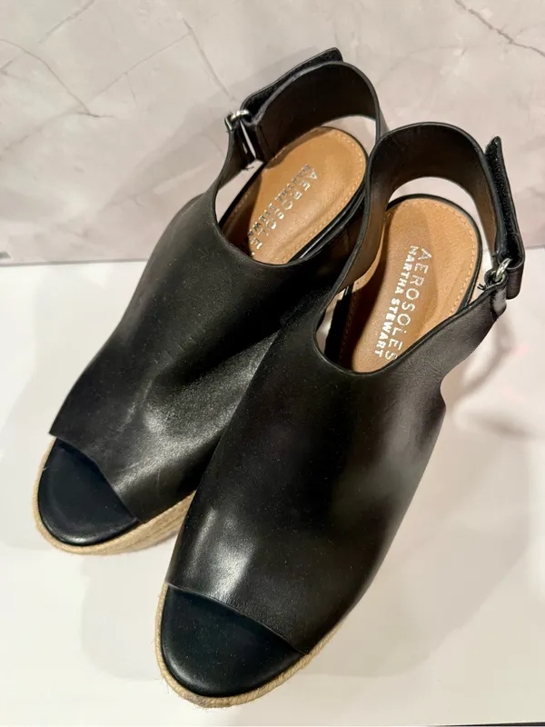 Aerosoles X Martha Stewart | Leather Espadrille Peep Toe Wedges | Sz 8.5 - Image 2