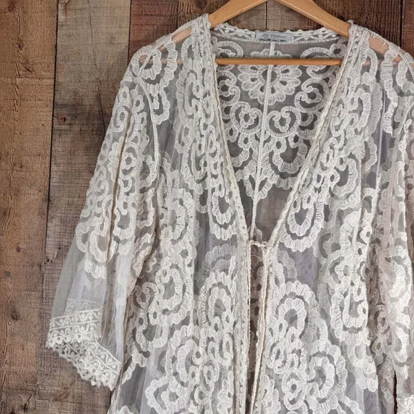 Veveret Ivory Floral Lace Kimono Duster Sheer Boho Bridal Swim Cover Up M/L - Image 4