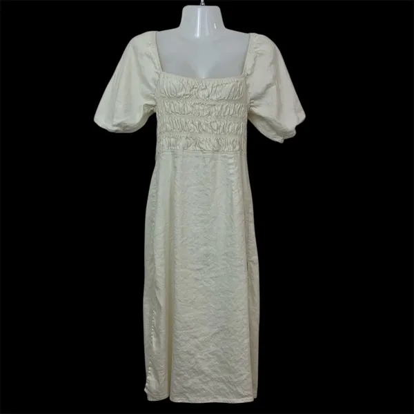 Forever 21 Women's M Cream Linen Blend Smocked Puff Sleeve Open Back‎ Midi Dress - Image 2