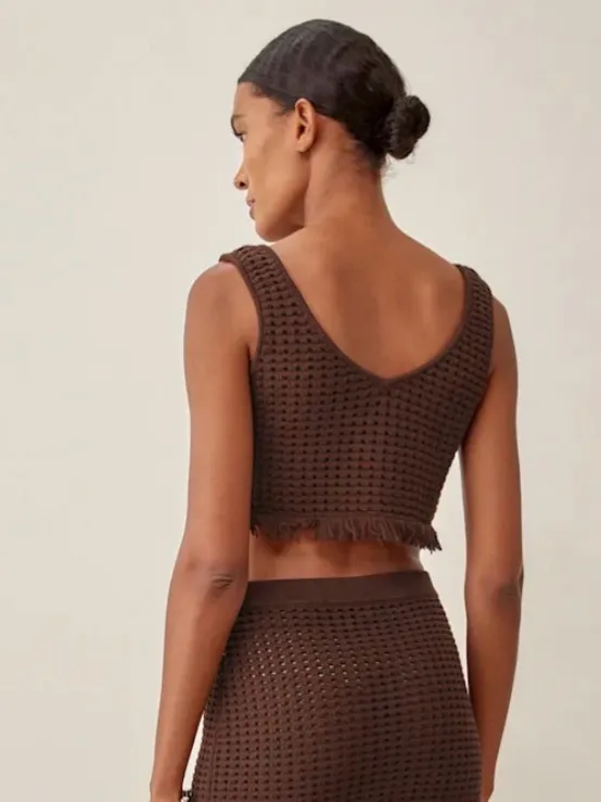 Reformation Lieta Open Knit Top Small Brown Crochet Festival Fringe Chic Fall - Image 3