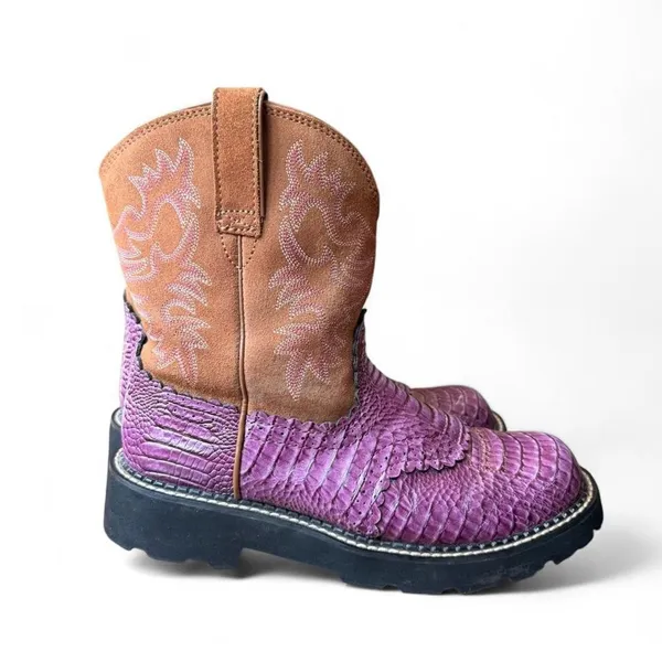 Ariat Fatbaby Western Boots Women’s 10 Purple Croc Print Brown Suede 10014042 - Image 3