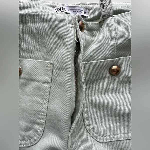 Zara Wide Leg Cropped Jeans Gold Button Front Pockets in Mint Green 4 - Image 6