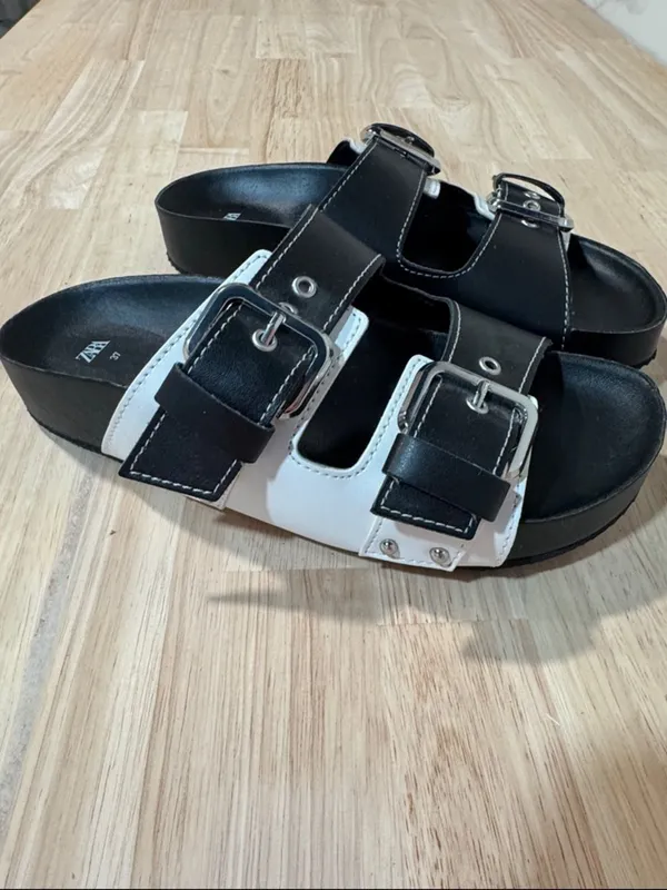 Zara Black and White Double Buckle Slide Sandals EUC - Image 5