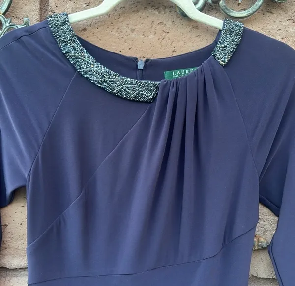 Ralph Lauren Evening Gown Dress Beaded Necklace Long Sleeve Maxi Purple Size 4 - Image 2