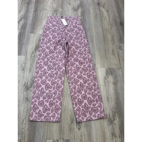 Shekou Pink Smiley Face Print High Waisted Wide Leg Jeans Womens Medium NEW - Image 5