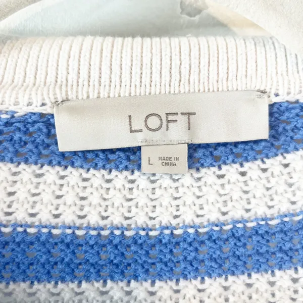 LOFT Striped Short Sleeve Collared Knit Pullover Sweater White Blue Large - Image 3