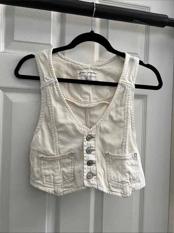 Free People Rider Denim Vest - Cropped Button Front, Ivory, Boho Western size XS - Image 3