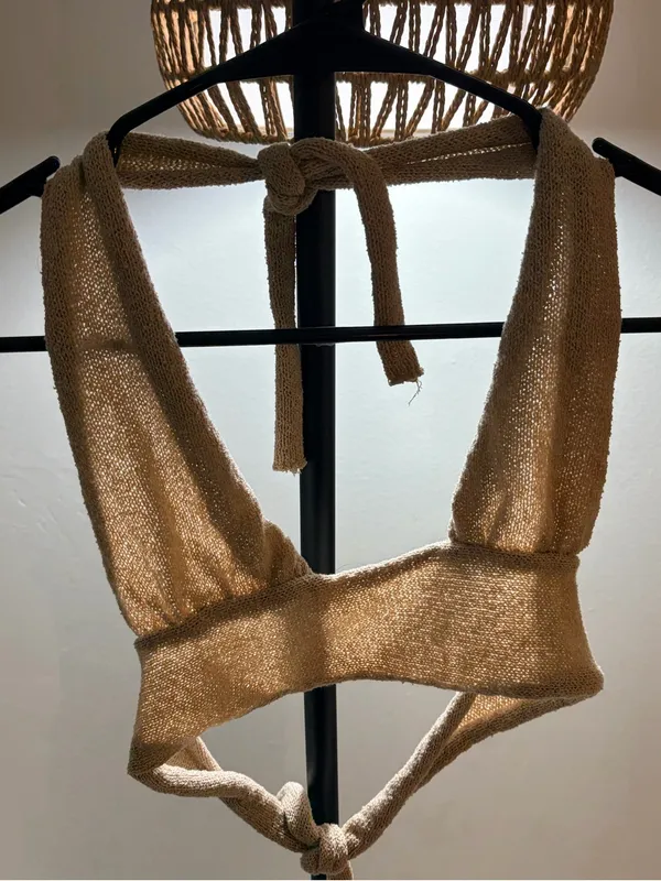 Knitted Halter Bandeau Top in Gold - Image 2