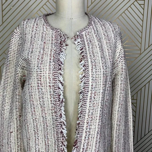 Theory Galinne Speckle Boucle Knit Fringe Sweater Jacket Cream Red Size Small‎ - Image 5