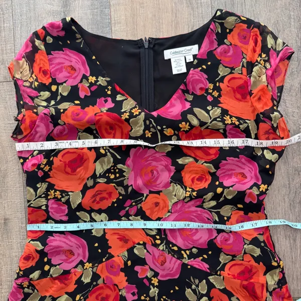 100% Silk Floral‎ Midi Dress Pink Red Black Size 14 Derby Rose Cottage Romantic - Image 5