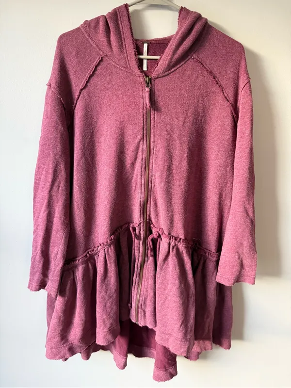 Free People Full Zip Sweatshirt Ruffle Flowy Hippie Boho Red Pink Size S M - Image 2