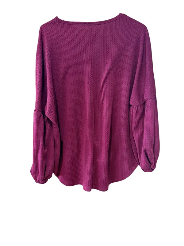 Women's Waffle Knit Balloon Sleeve Top - Berry - Image 2