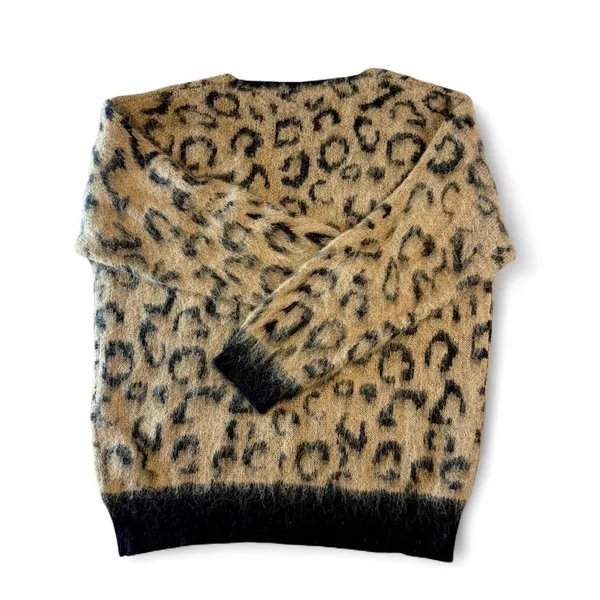 Leopard Print Fuzzy V-Neck Sweater Black Tan Knit Jumper Size L - Image 5