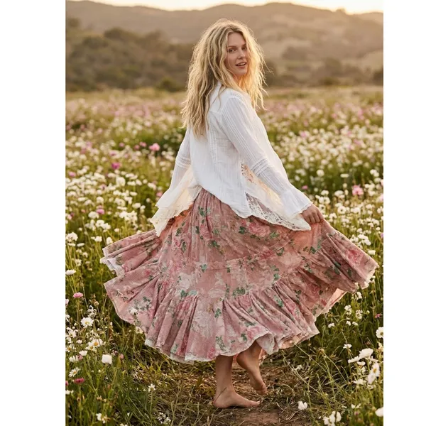 Free People Ethereal Dainty Cottage Prairie Bordeaux Floral Maxi Skirt Large - Image 12