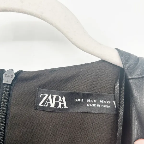 Zara Womens Black Ruched Faux Leather Edgy Grunge Moto Bodycon Mini Dress Size S - Image 3
