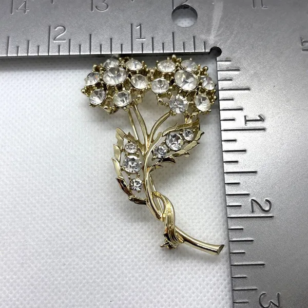 Vintage Flower Floral Gold Tone Clear Rhinestone‎ Pin Brooch Nature 70s Style - Image 6