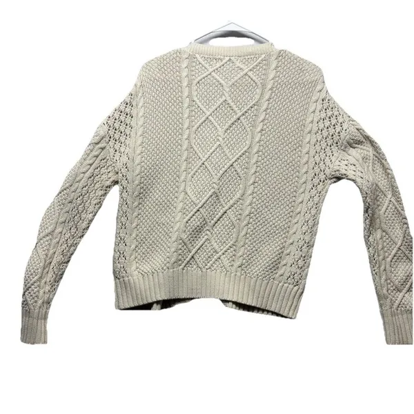 EVEREVE Cable Knit Cardigan XS 100% Cotton V-Neck Sweater Cream Preppy Fisherman - Image 5