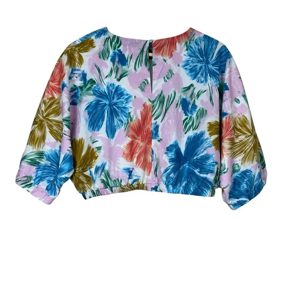 NWT Aureum Floral Puff Sleeve Cropped Blouse Pink Blue Botanical Boho Size M - Image 4
