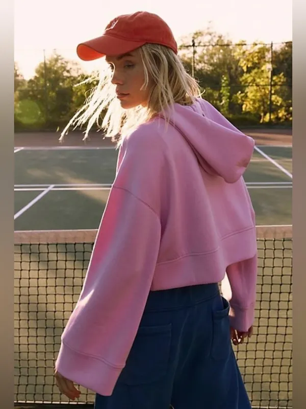 Free People NWT Playing Games Pink Cropped Hoodie Sweatshirt Pullover Size L - Image 3