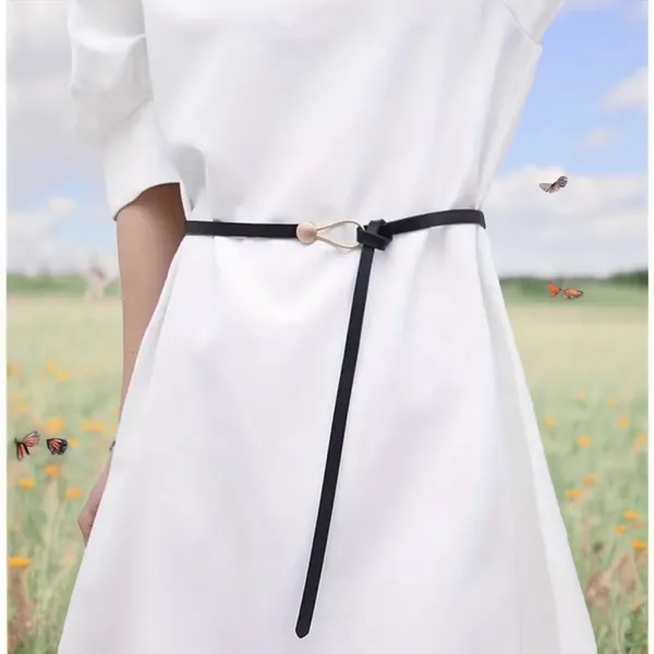 Black Trendy Knotted Skinny Thin Belt For Women Classic Solid Color Faux Leather - Image 8