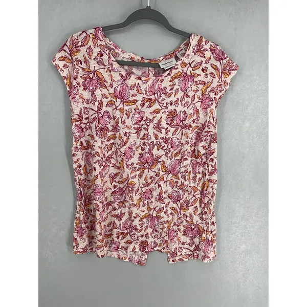 Haute Hippie Style Womens Top Floral Linen Button Back Cap Sleeve Pink Medium - Image 2
