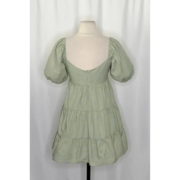 NIA Silvana Green White‎ Gingham Babydoll Dress Tiered Mini Summer Puff Medium - Image 7