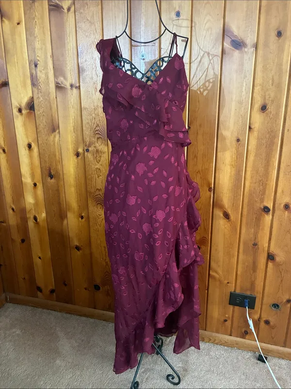 Lulus Forever Be Burgundy Floral Jacquard Ruffled Maxi Dress size large - Image 2