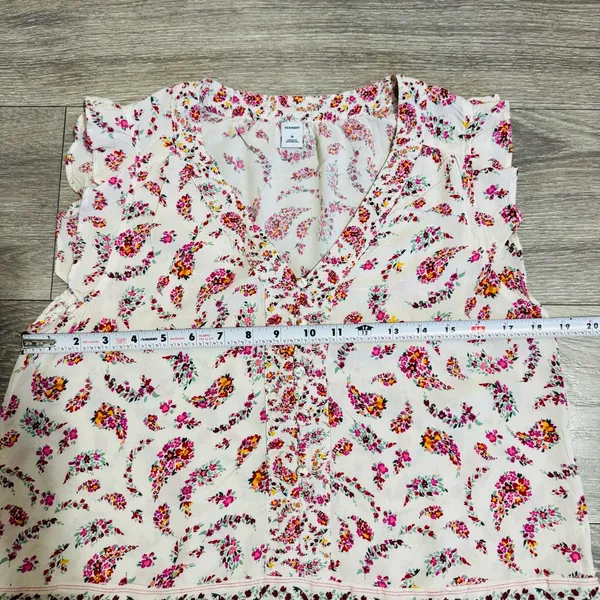 Old Navy Women Cream Pink Floral V-Neck Semi Flared Sleeves Relaxed Fit Blouse M - Image 10