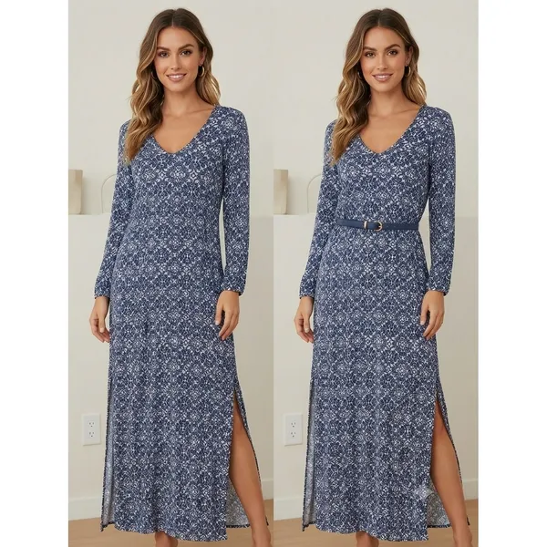 Lulus Maxi Dress Women Small Blue Tile Print Long Sleeve V-Neck Side Slit R64395 - Image 2