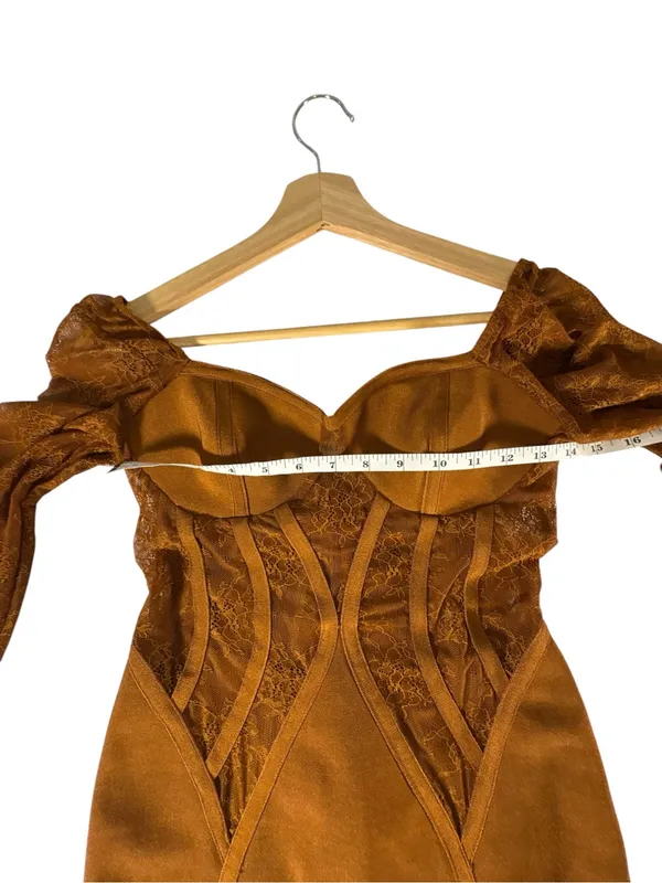 ASOS Womens 4 Bronze Brown Corset Mini Dress Lace Sleeve Sweetheart Gothic - Image 6