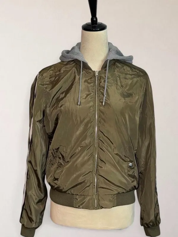 Outer Edge Olive Green Bomber Jacket with Gray Hood - Image 3