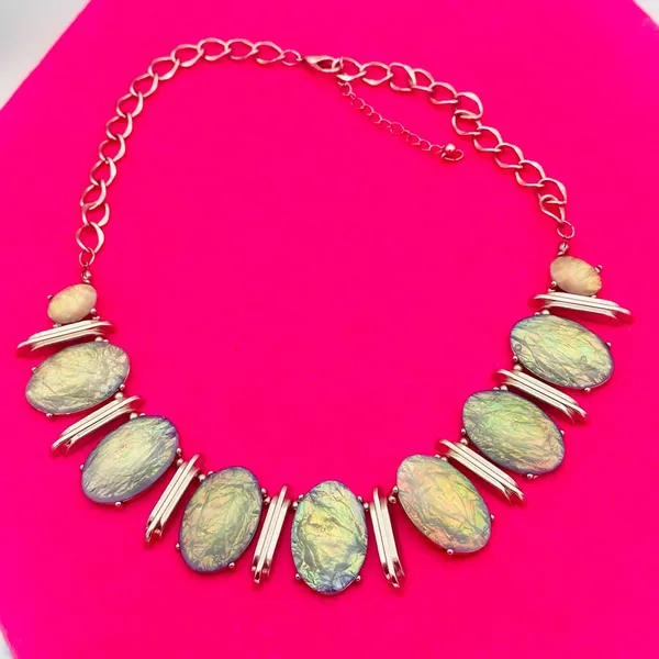 Elegant Statement Silver and Blue Green Iridescent Necklace - Image 8