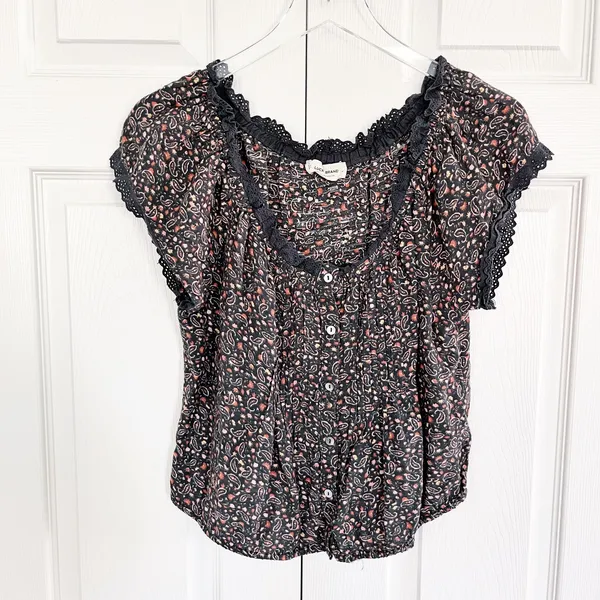 Lucky Brand Printed Button Front Peasant Top in Raven Multi - Image 3